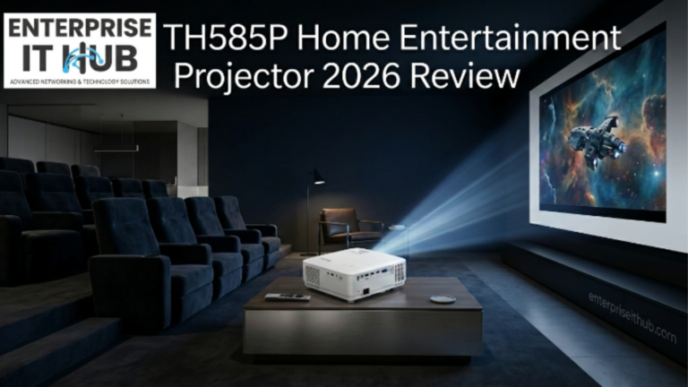 BenQ TH585P 1080p home entertainment projector setup in dark cinematic living room