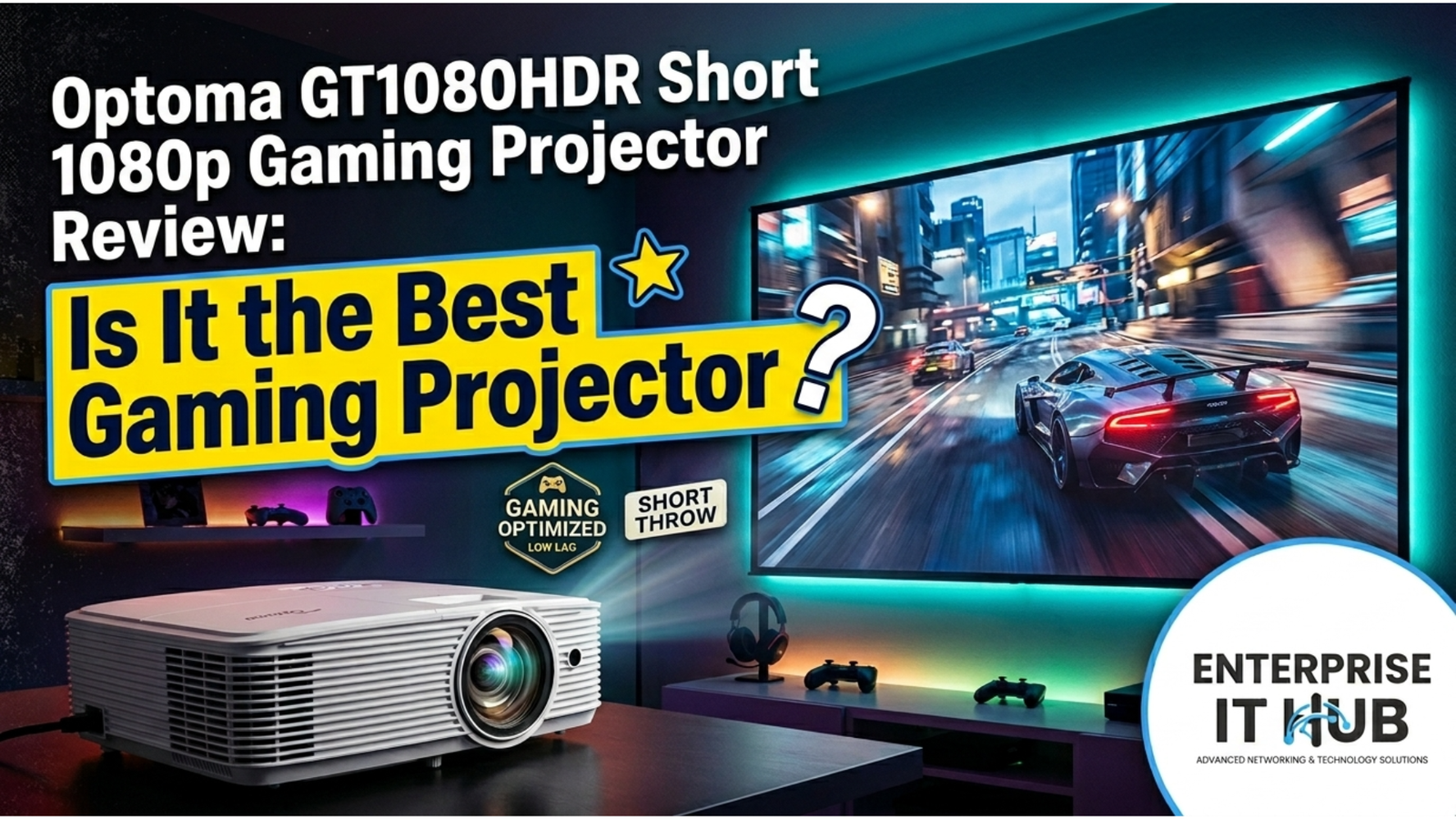 Optoma GT1080HDR gaming projector on coffee table projecting 120-inch screen in modern apartment