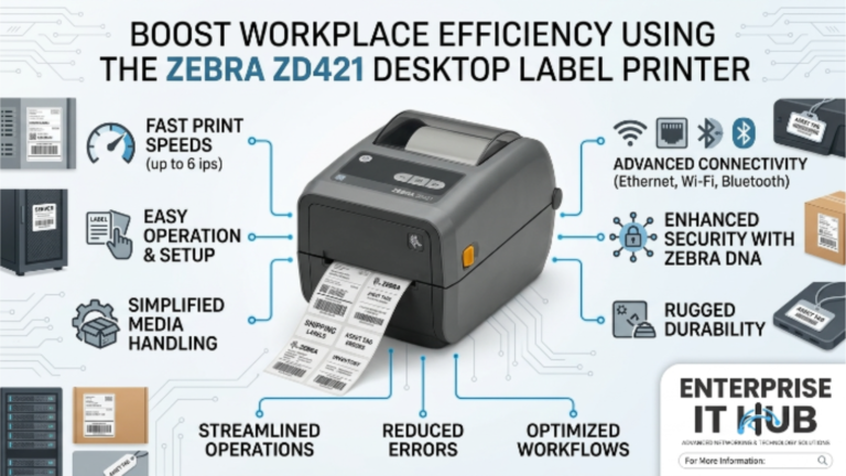 Zebra ZD421 Desktop Label Printer printing barcode labels on a clean office desk — Enterprise IT Hub