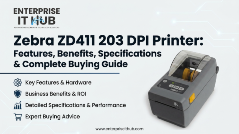 Zebra ZD411 203 DPI printer on a warehouse desk printing barcode labels — Enterprise IT Hub