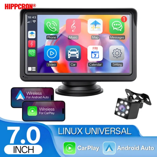 7 inch portable wireless CarPlay and Android Auto screen with dash mount