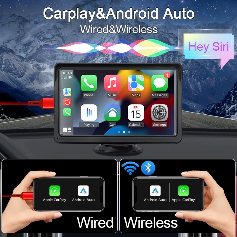 Portable CarPlay screen with wired and wireless phone connection