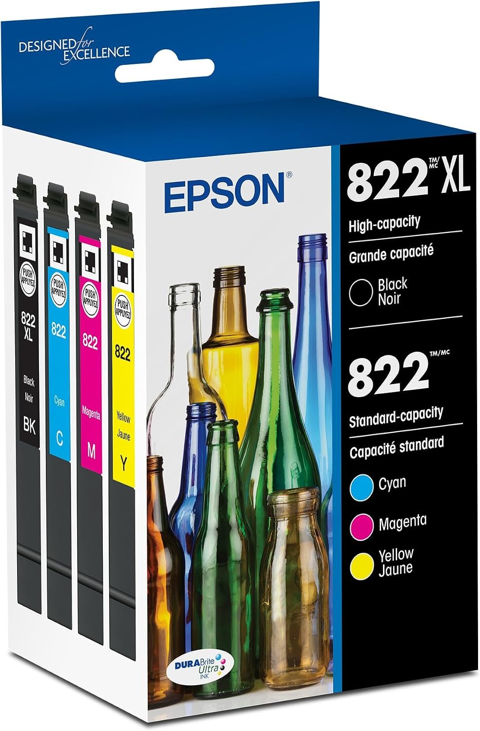 Epson 822 DURABrite Ultra Ink Cartridges XL black and standard color combo T822XL-BCS
