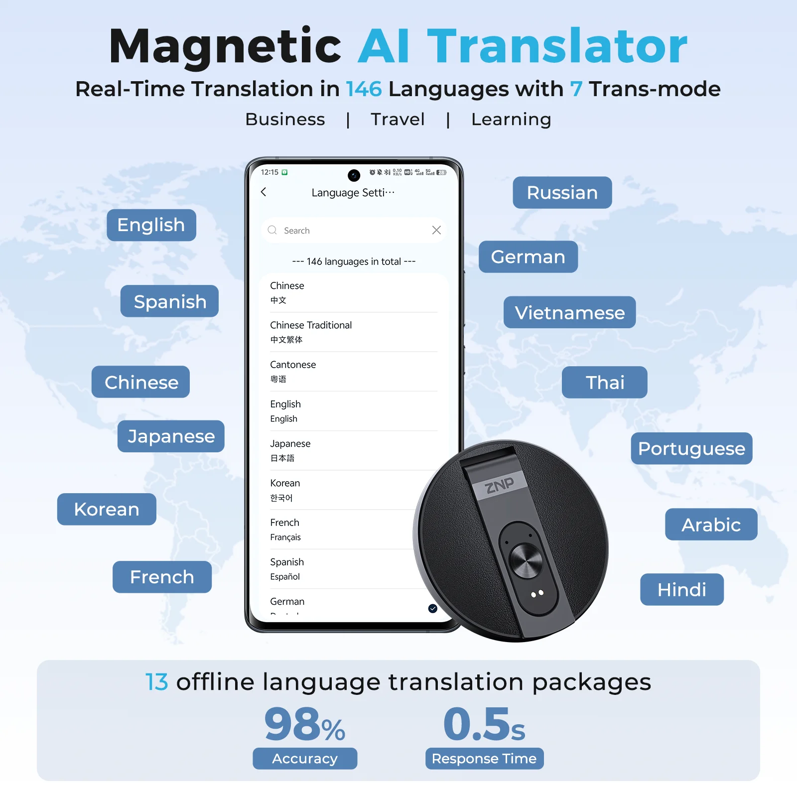 Magnetic AI translator real-time languages list