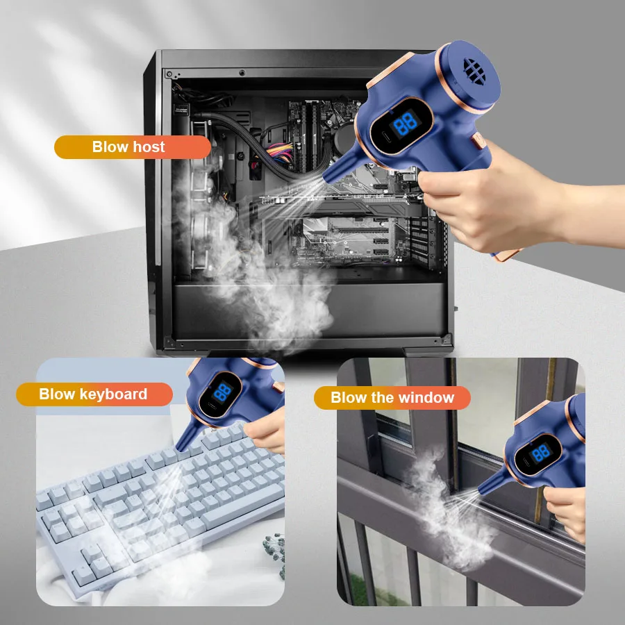 Air blower cleaning PC case and keyboard