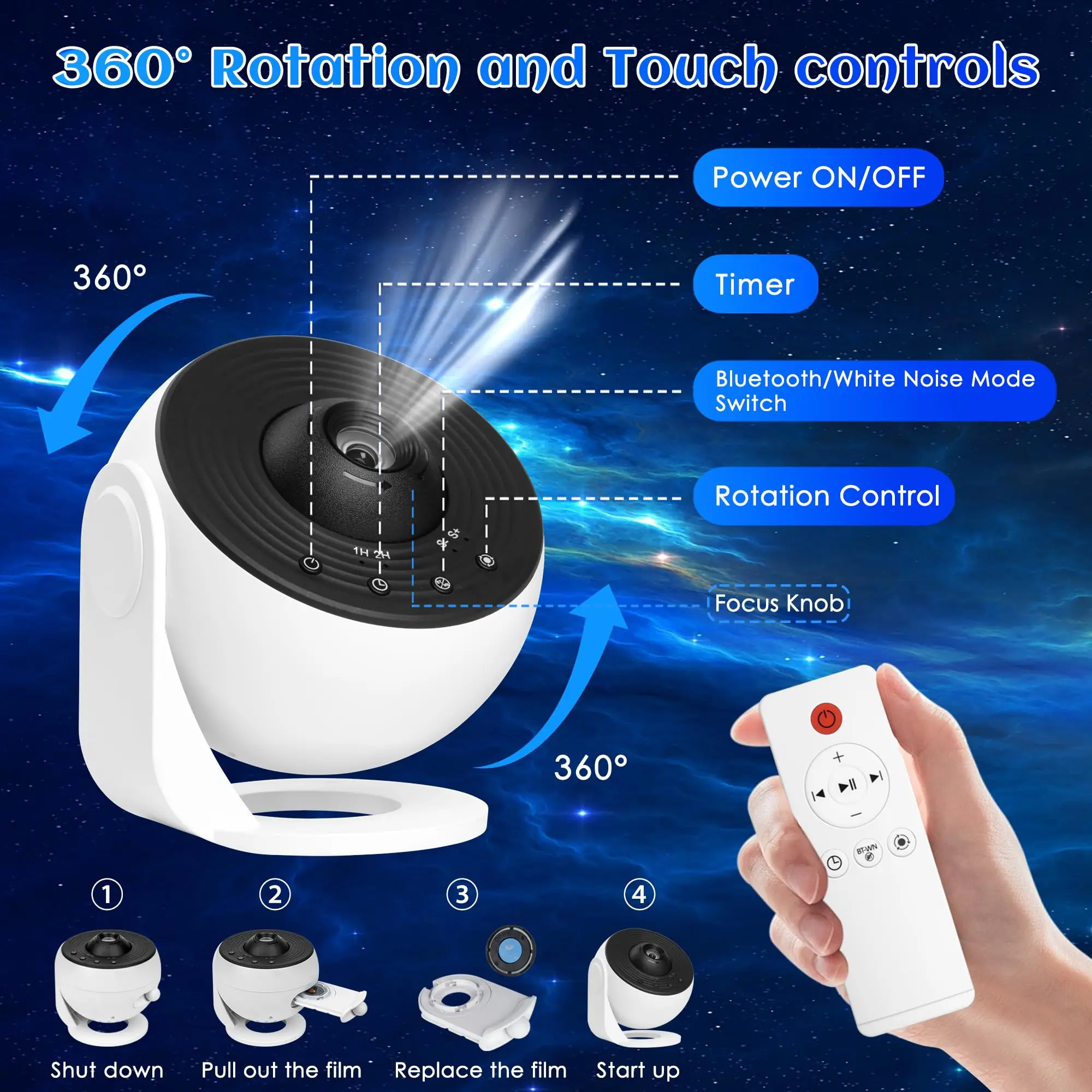 Galaxy projector 360 degree rotation and touch controls
